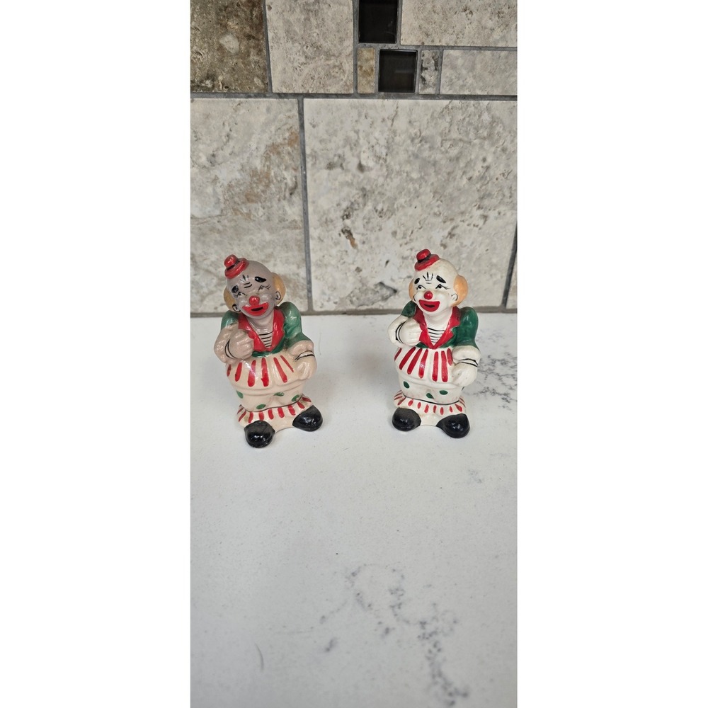 Vintage Ceramic Clown Salt and Pepper Shakers Set Retro Circus Hand Painted